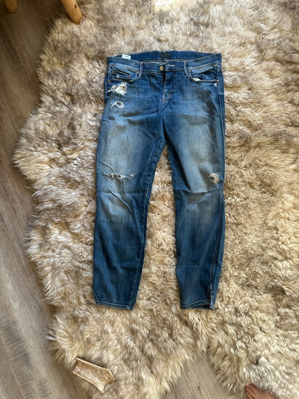 MOTHER Slim Straight Distressed Blue Jeans
